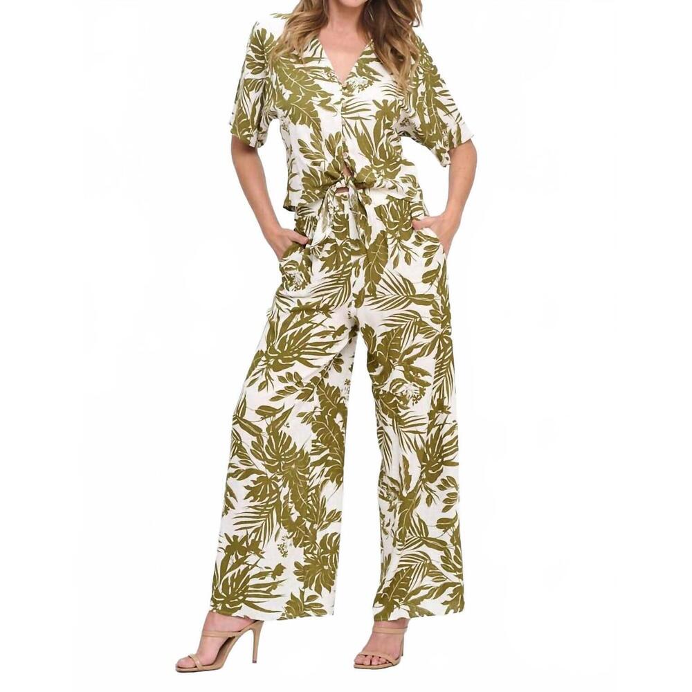 NEW RENEEC. linen tropical print pants in olive linen